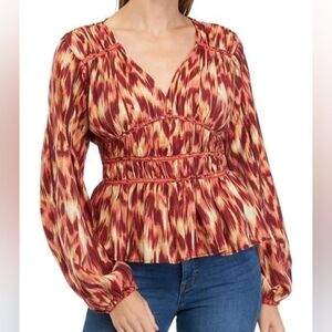 Sam Edelman textured fabriv abstract print boho style Long sleeves V neck blouse